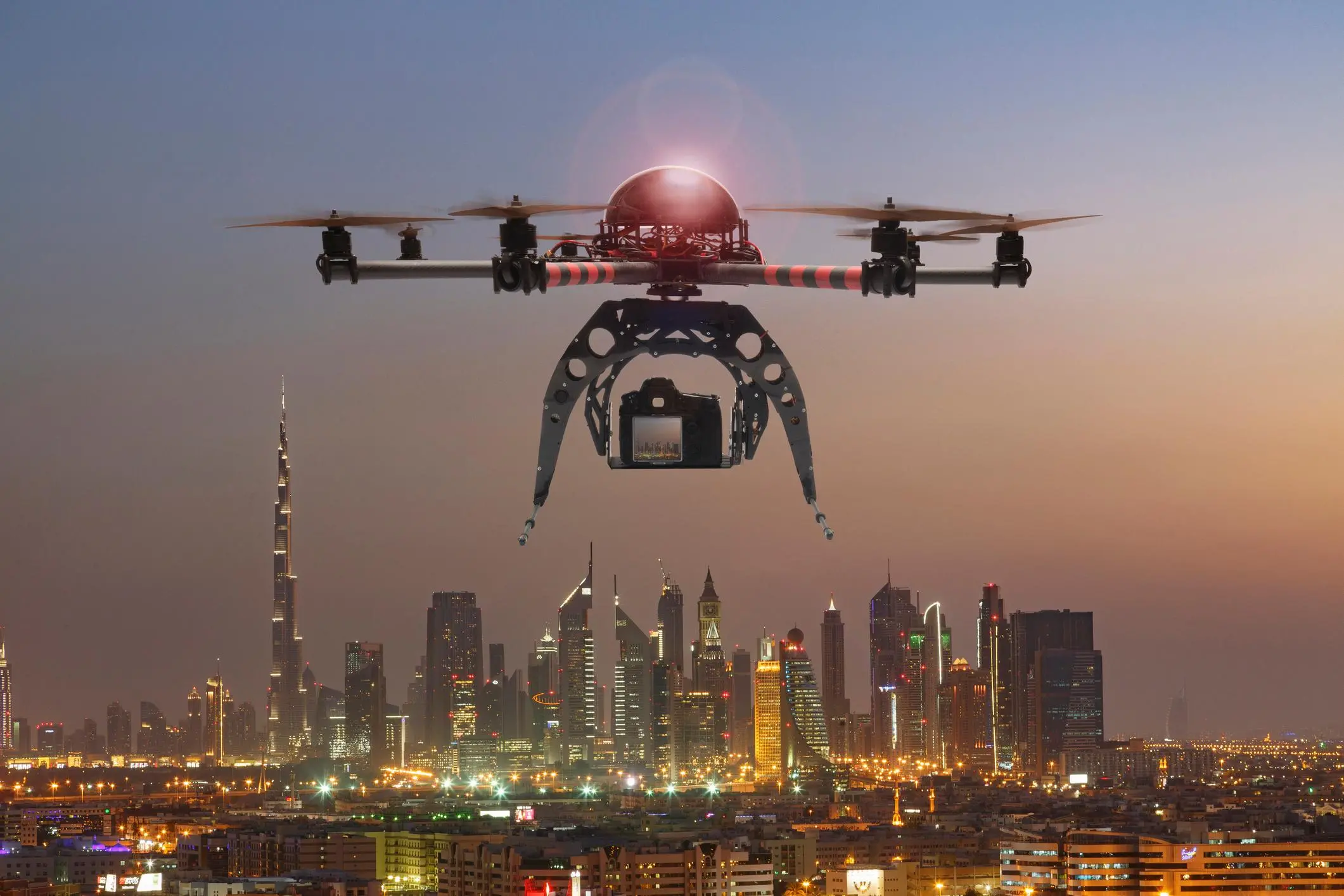 Licensed FPV drone filming team overlooking Dubai skyline